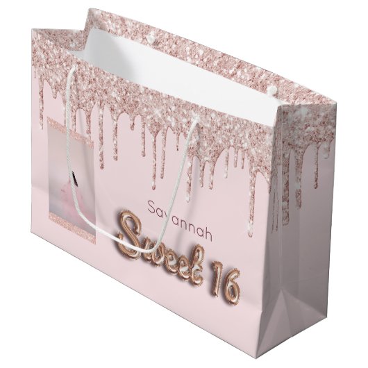 Sweet 16 bruine roze glitter aangepast roos goud groot cadeauzakje (Voorkant Gekanteld)