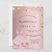 Sweet 16 bruine roze glitter jurk luxe kaart (Voorkant)