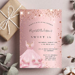 Sweet 16 bruine roze glitter jurk luxe kaart<br><div class="desc">Een moderne,  stijlvolle en glamoureuze uitnodiging voor een Sweet 16,  16e verjaardagsfeestje. Een lichtroze metalen achtergrond met roos gouden nevel en een roze jurk. De naam wordt geschreven met een handgeschreven stijlmanuscript met letters. Pas je partijgegevens aan en voeg deze toe.</div>