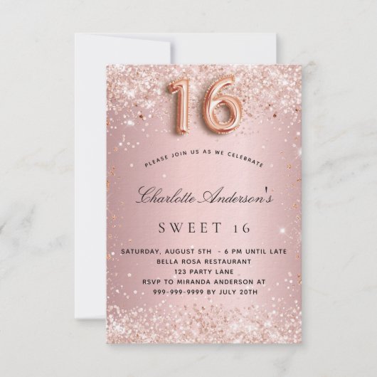Sweet 16 bruine roze roze roze roos goud glitter l kaart (Voorkant)