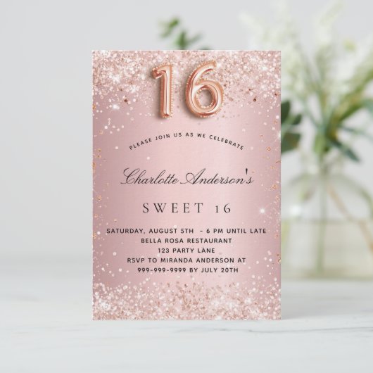 Sweet 16 bruine roze roze roze roos goud glitter l kaart (Staand voorkant)