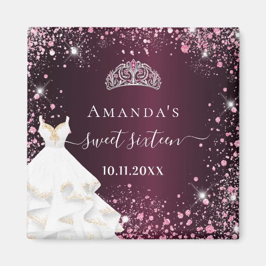 Sweet 16 bruine roze tiara jurk glitter-naam magneet (Voorkant)