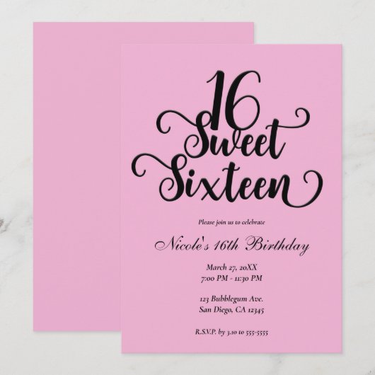 Sweet 16 Bubblegum Pink & Black Birthday Party Kaart (Voorkant / Achterkant)