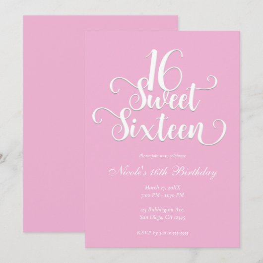 Sweet 16 Bubblegum Pink & White Birthday Party Kaart (Voorkant / Achterkant)
