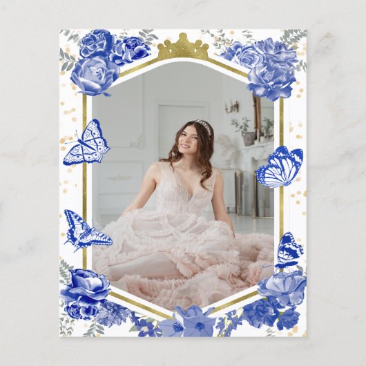 Sweet 16 Budget foto uitnodiging Blue Butterfly (Achterkant)