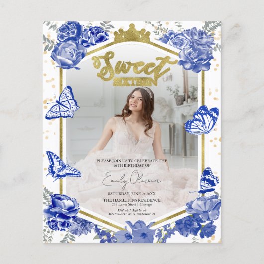 Sweet 16 Budget foto uitnodiging Blue Butterfly (Voorkant)