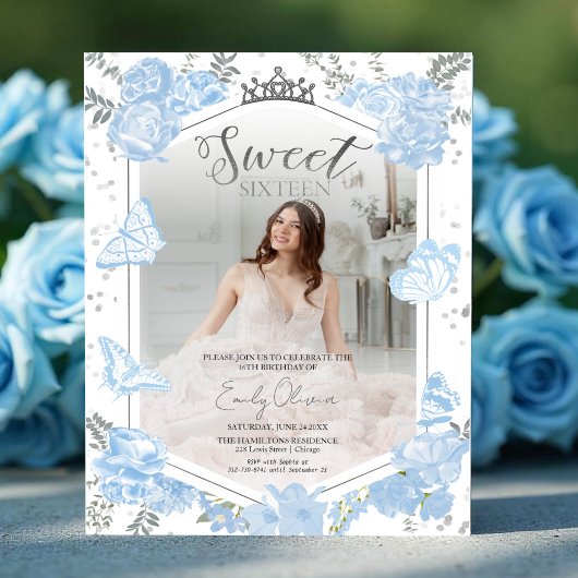 Sweet 16 Budget foto uitnodiging Blue Butterfly