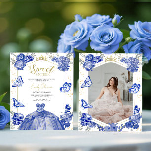 Sweet 16 Budget foto uitnodiging Blue Butterfly