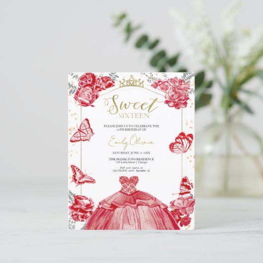 Sweet 16 Budget foto uitnodiging rode vlinder (Staand voorkant)