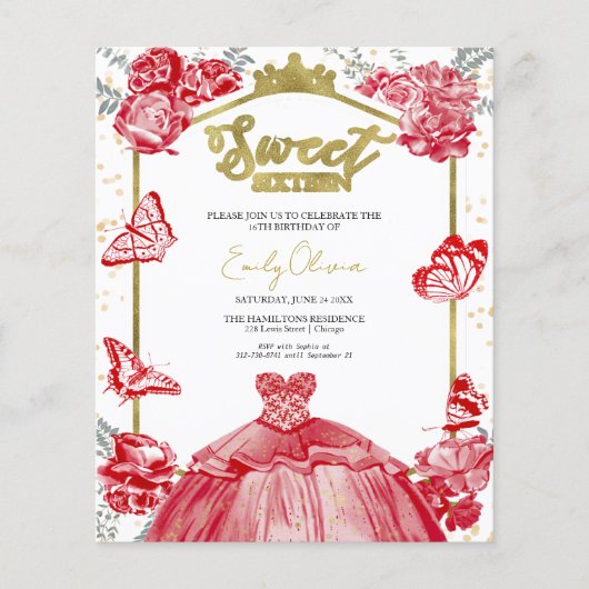 Sweet 16 Budget foto uitnodiging rode vlinder (Voorkant)