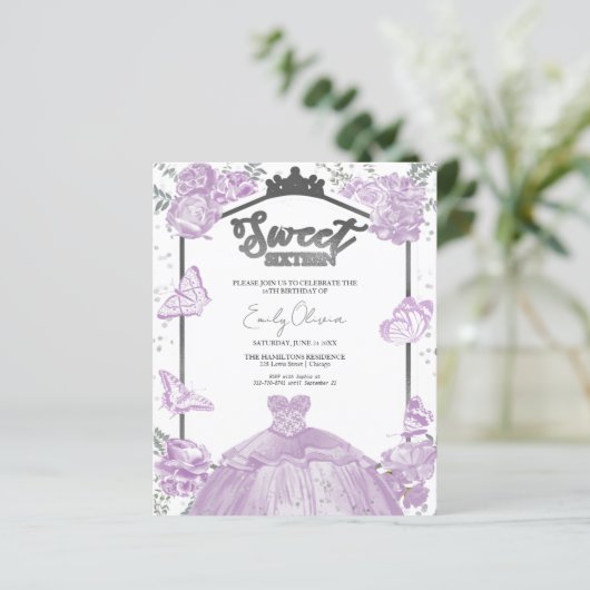 Sweet 16 Budget foto uitnodiging vlinder (Staand voorkant)