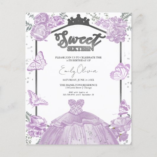 Sweet 16 Budget foto uitnodiging vlinder (Voorkant)