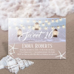 Sweet 16-buikstaarten en -lampjes kaart<br><div class="desc">Beach Starfish String Lights & Lantern Sweet 16 Invitations.</div>