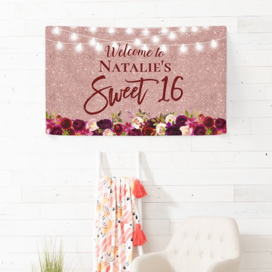 Sweet 16 Burgundy Red Floral Roos Gold Glitter Spandoek (Insitu)
