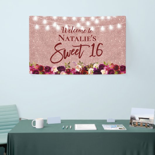Sweet 16 Burgundy Red Floral Roos Gold Glitter Spandoek (Beurs)