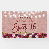 Sweet 16 Burgundy Red Floral Roos Gold Glitter Spandoek (Horizontaal)