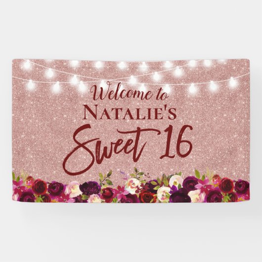 Sweet 16 Burgundy Red Floral Roos Gold Glitter Spandoek (Horizontaal)