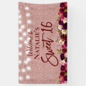 Sweet 16 Burgundy Red Floral Roos Gold Glitter Spandoek (Verticaal)