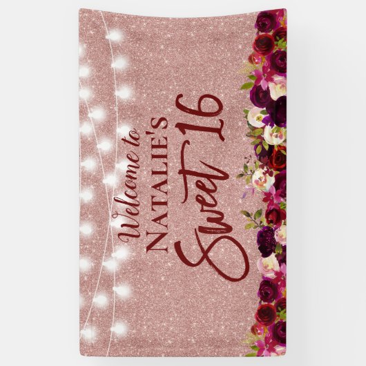 Sweet 16 Burgundy Red Floral Roos Gold Glitter Spandoek (Verticaal)