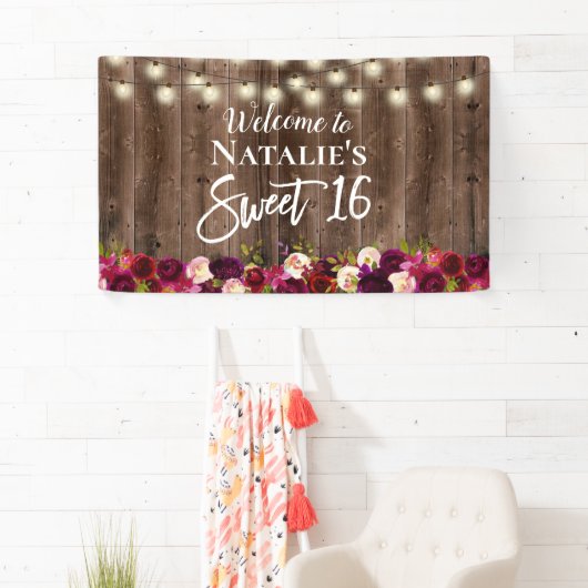 Sweet 16 Burgundy Red Floral Rustic Barn Wood Spandoek (Insitu)