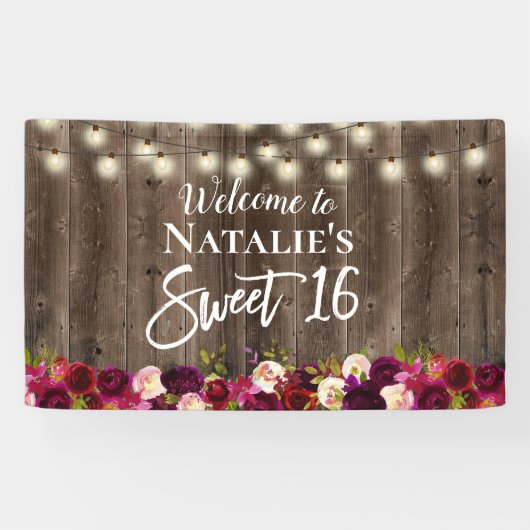 Sweet 16 Burgundy Red Floral Rustic Barn Wood Spandoek (Horizontaal)