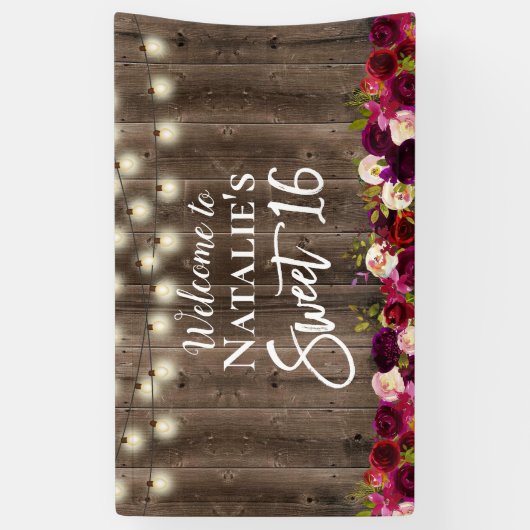 Sweet 16 Burgundy Red Floral Rustic Barn Wood Spandoek (Verticaal)