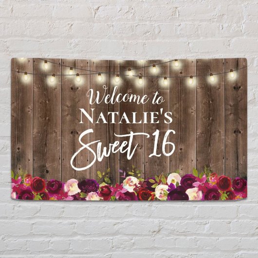 Sweet 16 Burgundy Red Floral Rustic Barn Wood Spandoek