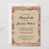 Sweet 16 Burlap Lights Rustic Wood Uitnodiging (Voorkant)