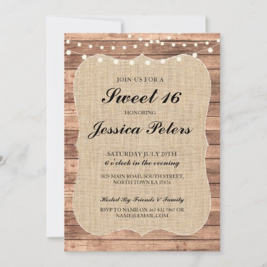 Sweet 16 Burlap Lights Rustic Wood Uitnodiging (Voorkant)