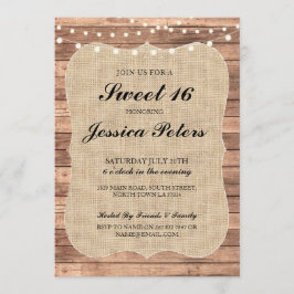 Sweet 16 Burlap Lights Rustic Wood Uitnodiging