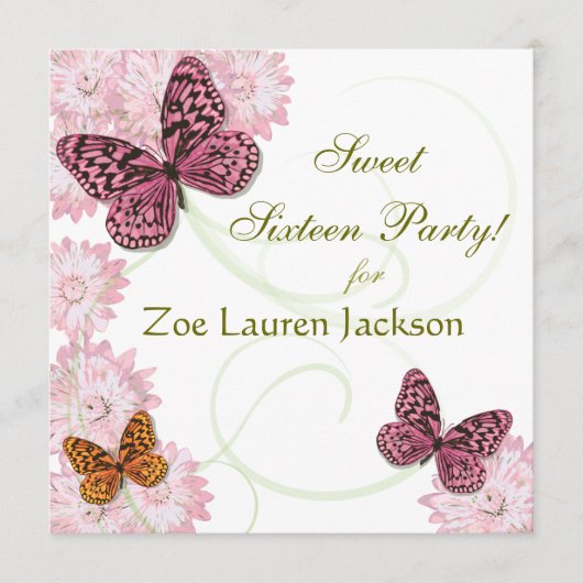 Sweet 16 Butterfly en Daisy Invitation Card Kaart (Voorkant)