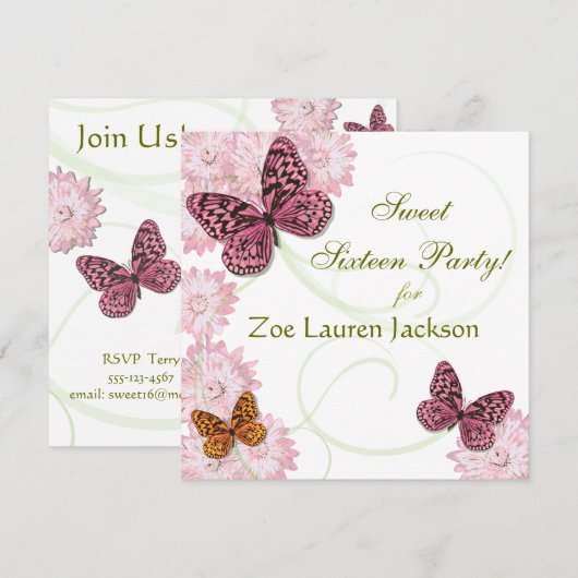 Sweet 16 Butterfly en Daisy Invitation Card Kaart (Voorkant / Achterkant)