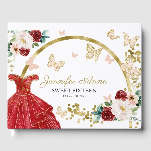 Sweet 16 Butterfly Flowers Red Dress Gastenboek (Voorkant)