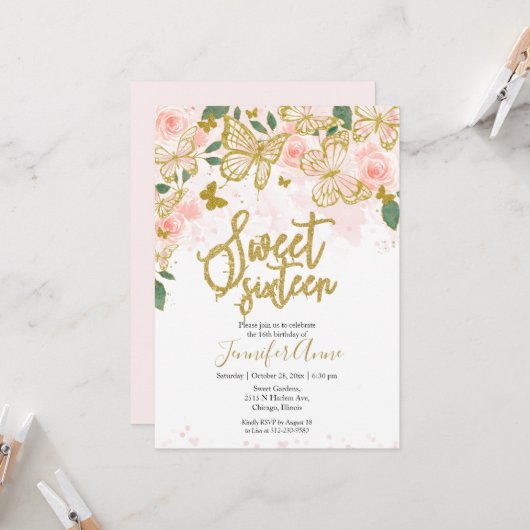 Sweet 16 Butterfly Invitation Blush Floral Gold Kaart (Voorkant / Achterkant in situ)
