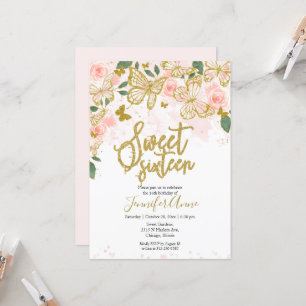 Sweet 16 Butterfly Invitation Blush Floral Gold Kaart