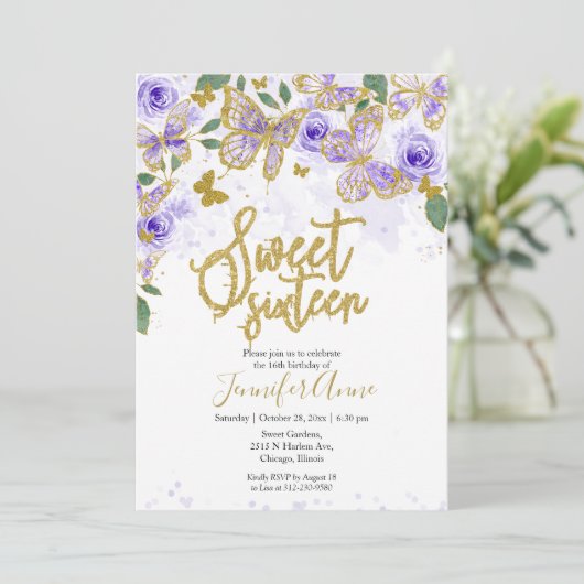 Sweet 16 Butterfly Invitation Paars Floral Gold Kaart (Staand voorkant)