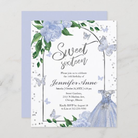 Sweet 16 Butterflys Dusty Blue Budget uitnodiging (Voorkant / Achterkant)