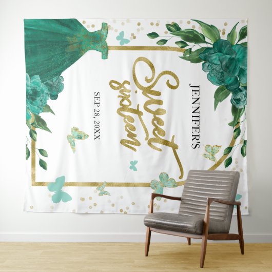 Sweet 16 Butterflys Emerald Groene Gown Achtergron Wandkleed (In Situ (horizontaal))