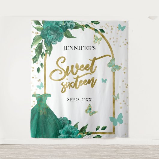 Sweet 16 Butterflys Emerald Groene Gown Achtergron Wandkleed (Voorkant)