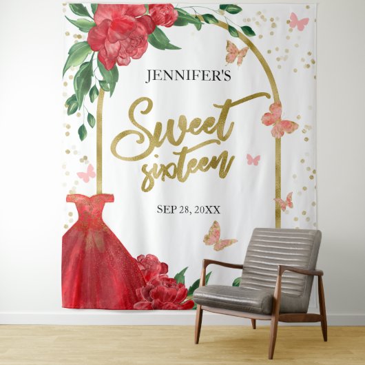 Sweet 16 Butterflys Emerald Red Gown Achtergrond Wandkleed (In situ)