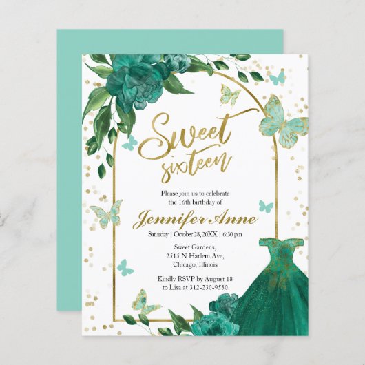 Sweet 16 Butterflys Groen Budget Uitnodiging (Voorkant / Achterkant)