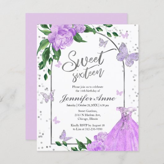 Sweet 16 Butterflys Lavendel Budget Uitnodiging (Voorkant / Achterkant)
