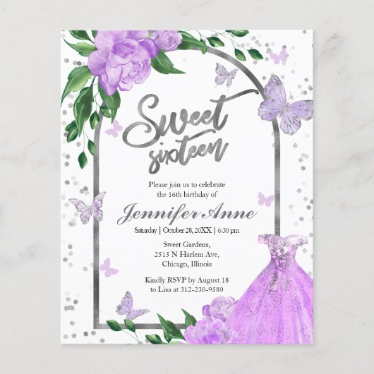 Sweet 16 Butterflys Lavendel Budget Uitnodiging (Voorkant)