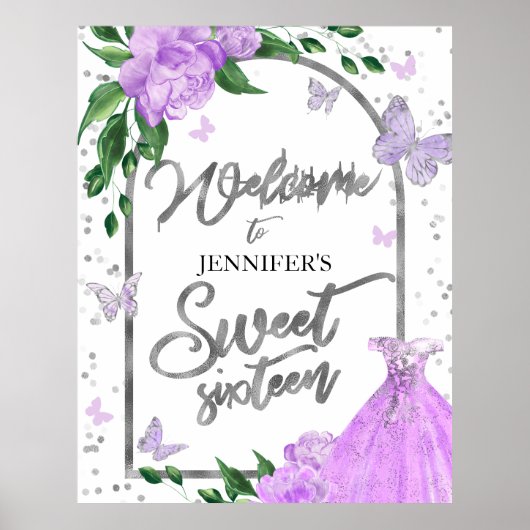 Sweet 16 Butterflys Lavendel Gown Welkomstbord Poster (Voorkant)