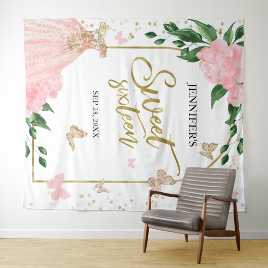 Sweet 16 Butterflys Roze Blush Gown Achterkant Wandkleed (In Situ (horizontaal))