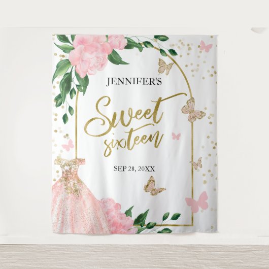 Sweet 16 Butterflys Roze Blush Gown Achterkant Wandkleed (Voorkant)