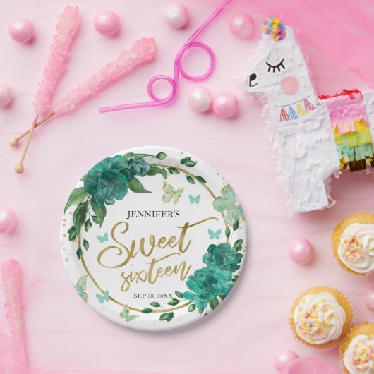 Sweet 16 Butterflys Smaragd Groene Jurk Papieren Bordje (Feest)