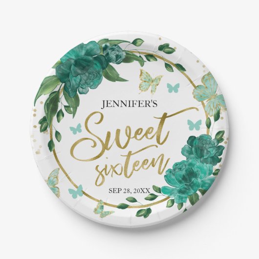 Sweet 16 Butterflys Smaragd Groene Jurk Papieren Bordje (Voorkant)
