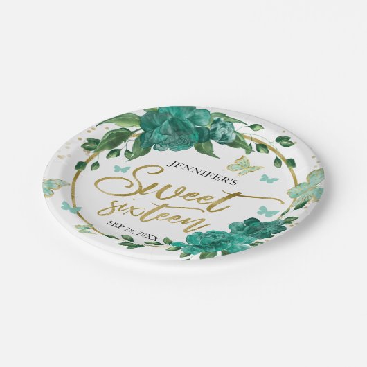 Sweet 16 Butterflys Smaragd Groene Jurk Papieren Bordje (Gekanteld)