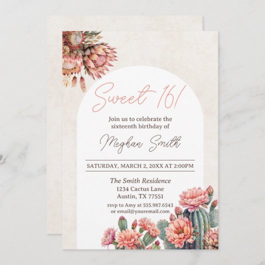 Sweet 16 Cactus Boho Pampas Boog Verjaardag Uitnod Kaart (Voorkant / Achterkant)